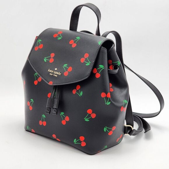 Kate Spade Lizzie Tossed Cherry Print Medium Flap Backpack - Picture 2 of 11